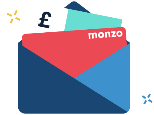 An envelope with money and Monzo card coming out of it
